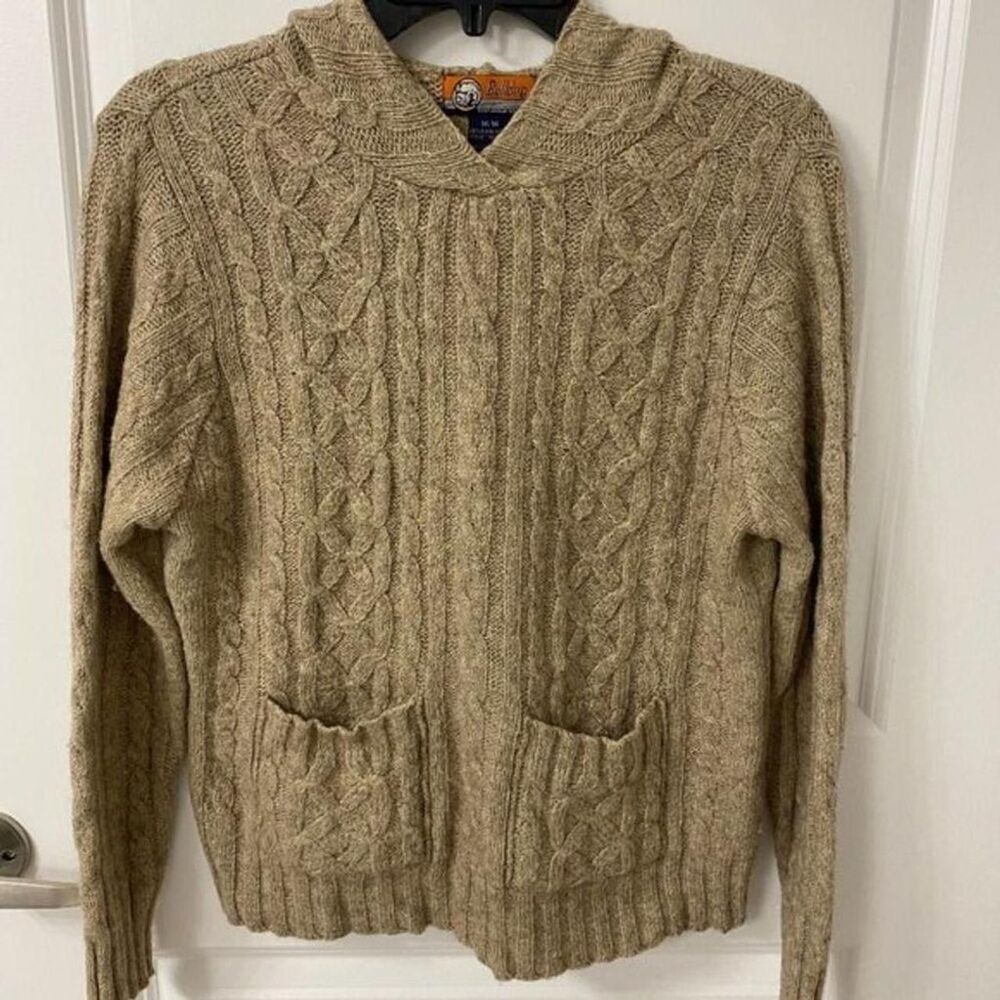 BDG Bulldog Vintage Cable Knit Hooded Wool Pullover Sweater Tan Medium M